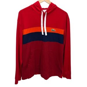 Lacoste Mens US Size L Colorblock Striped Hooded Shirt Relaxed Fit Red Casual